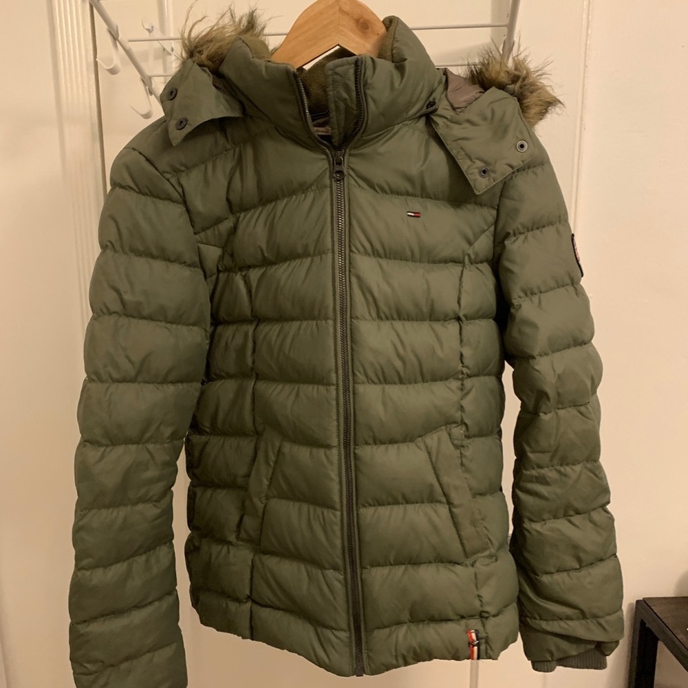Tommy Hilfiger khaki puffer with faux fur hood